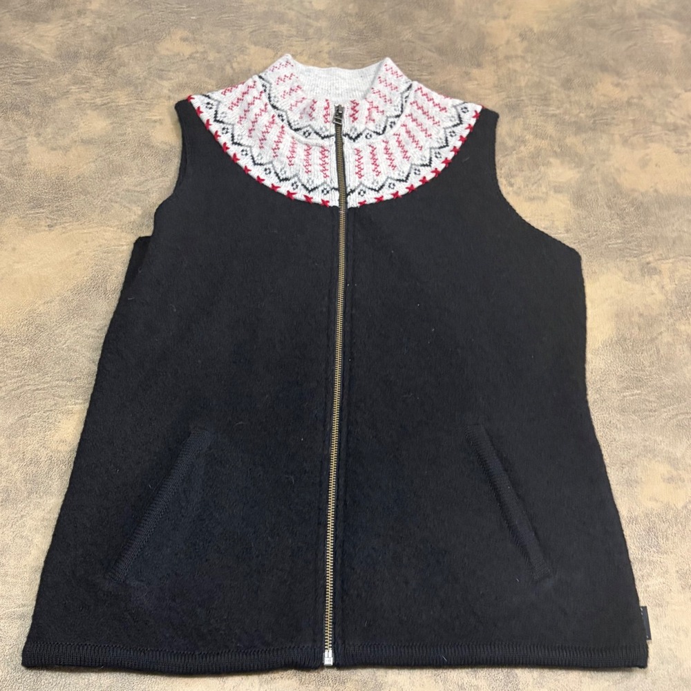 Woolrich Sweater Vest Womens M Black Wool Blend Fair Isle Yoke Full Zip 9567